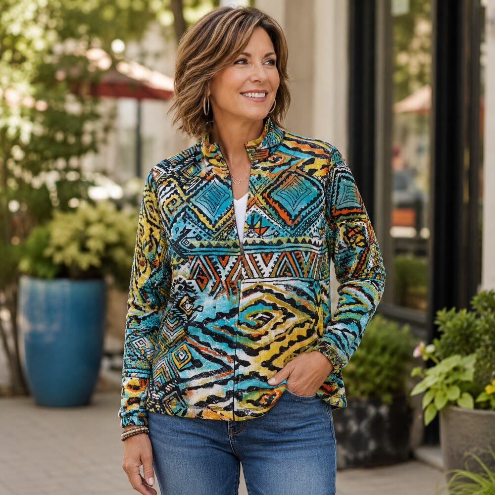 Chico’s Size 2 Colorful Tribal Print Full Zip Jacket Stretch Cotton Lightweight